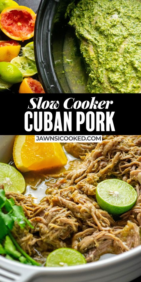 This simple Slow Cooker Cuban Pork comes together easily with a quick blended wet rub and your trusty Crockpot! Make it with pork shoulder or butt, or use a loin for a leaner alternative! Pulled Pork Loin Slow Cooker, Cuban Pork Roast, Pork Loin Pulled Pork, Slow Cooker Pork Shoulder, Slow Cooker Cuban Pork, Slow Cooker Pork Loin, Cuban Pork, Slow Cooker Recipes Pork, Jerk Pork