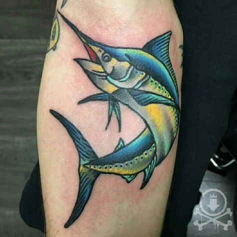 Rad traditional style swordfish tattoo by Sailor B. #12ozstudios #team12oz #tattoos #tattooartist #traditional #swordfish #fishing #tattoosformen Marlin Tattoo Design, Fish Traditional Tattoo, Traditional Catfish Tattoo, Swordfish Tattoo Traditional, Swordfish Tattoo, Swordfish Skeleton Tattoo, Tattoo Sleeve Filler, Chrysanthemum Tattoo, Sea Tattoo