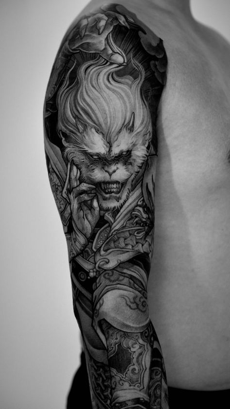 Black Myth Wukong Tattoo, Wu Kong Tattoo, Sun Wukong Tattoo, Wukong Tattoo, Monkey King Tattoo, Chinese Tattoos, Foo Dog Tattoo Design, Japanese Monkey, Wu Kong