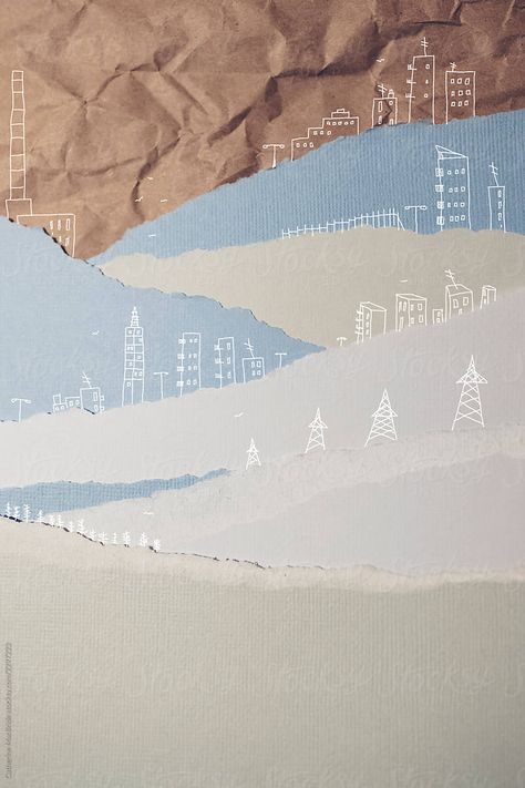 Layered Paper Illustration, Contradiction Art, Landscape Poster Design, Layered Landscape Photography, White Space Graphic Design, Ripped Paper Landscape, Layered City, Torn Paper Collage Landscape, Layered Landscape