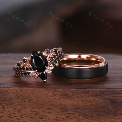 Here we have a Black Onyx Couples Ring Vintage Rose Gold Matching Ring Set His and Hers Wedding Band Black Gemstone Promise Ring For Men For Women Leaf Ring. ITEM DESCRIPTION ✦ Handmade, high-quality item! ✦ Material: Sterling Silver/Tungsten/14K Solid Gold ►Sold as a two-piece set ►His ring is Rose Gold and Black Tungsten Carbide. ►His band width: 6mm ►His tungsten ring will not turn green itself and will not cause your skin to turn green.  ✦ Durable - Incredibly Scratch-Resistant to always loo His And Hers Rings Wedding, Dark Green Wedding Ring, Black Wedding Rings For Men, Promise Ring For Men, His And Hers Wedding Rings, Wedding Ring Sets Vintage, Matching Ring Set, Wedding Band Black, Couples Ring