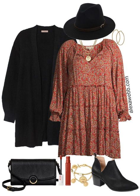 Plus Size on a Budget - Boho Dress with Ankle Booties, a Cardigan, a Hat, and a Crossbody Bag - Alexa Webb #plussize #alexawebb Plus Size On A Budget, Plus-koon Muoti, Boho Dress Outfit, Alexa Webb, Boho Plus Size, Teddy Bear Coat, Plus Size Fall Fashion, Plus Size Fall Outfit, Bear Coat