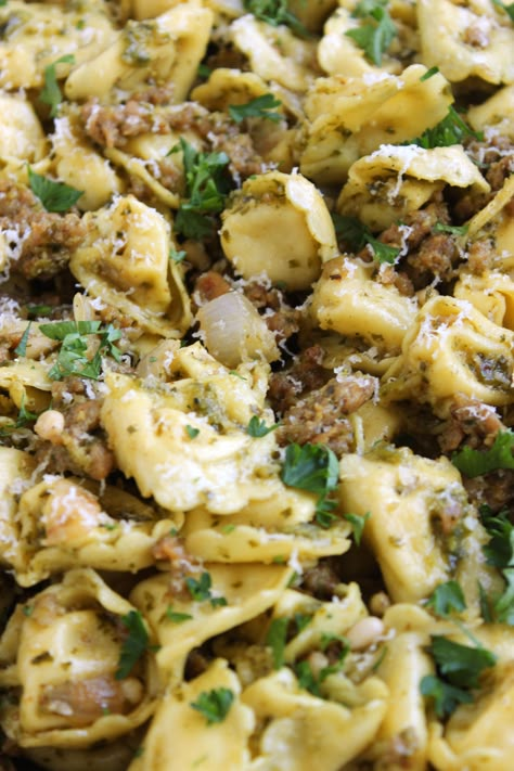 Skillet Tortellini with Sausage and Pesto | The Suburban Soapbox Sausage Pesto Tortellini, Pesto Tortellini With Sausage, Pesto Pasta With Italian Sausage, Tortellini Sausage Pasta, Italian Sausage Pesto Pasta, Sausage Pesto Pasta, Skillet Tortellini, Pesto Recipes Dinner, Tortellini With Sausage