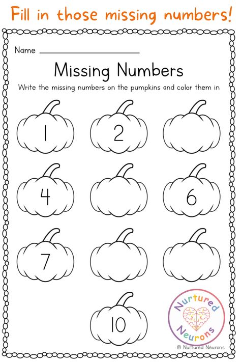 Here's a fun kindergarten math worksheet - perfect for Halloween! This early math activity is great for practicing number formation as well as number order and place value. Grab the missing number worksheet over at Nurtured Neurons! #pumpkins #mathworksheet #kindergartenworksheet #kindergartenmath #missingnumbers #placevalue #earlymath #eyfs #Halloween #Halloweenworksheets Eyfs Halloween, Missing Number Worksheets, Number For Kids, Number Worksheet, Number Practice, Family Resources, Number Formation, Elementary Lessons, Halloween Worksheets