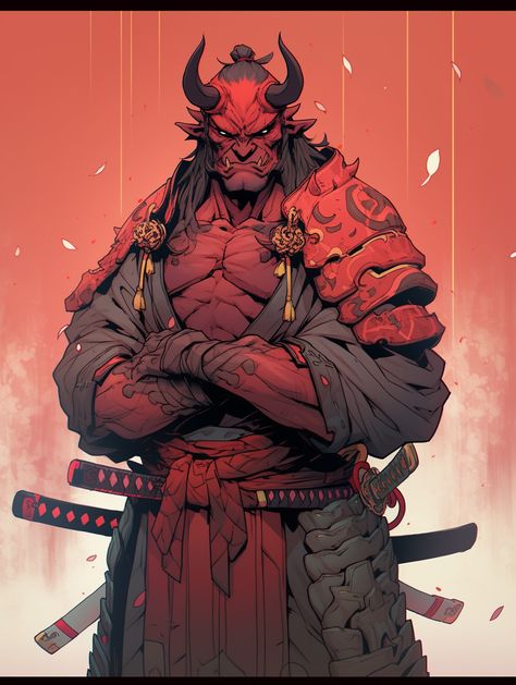 Dnd Oni Character Design, Dnd Samurai Character Design, Ronin Character Design, Asian Character Design Male, Demonic Samurai, Dnd Samurai, Oni Character Design Male, Oni Warrior, Oni Art