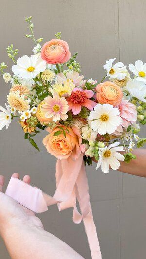 Summer Wedding Bridal Bouquet, Wild Flowers For Wedding, August Wildflowers, Wedding Flowers With Carnations, Peach Spring Wedding, Muted Spring Wedding Colors, Pink Bridal Flowers, Petit Bridal Bouquet, Peachy Pink Wedding