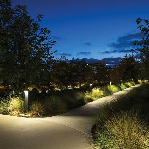 BEGA bollards light the walking path at Jacobs Medical Center used by patients, their families, and medical staff year-round.… Path Lighting, Garden Path Lighting, Park Lighting, Walkway Lighting, Hotel Landscape, Entrance Lighting, Driveway Lighting, Outdoor Lighting Design, Beach Path