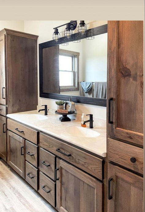 Stained Wood Cabinets Bathroom, Master Bath Ideas Wood Vanity, Knotty Alder Bathroom Cabinets Master Bath, Bathroom With Wooden Cabinets, Master Bath Vanity Ideas Double Sinks Rustic, Bathroom Vanity And Cabinet Ideas, Farmhouse Bathroom Dark Cabinets, Country Home Remodel, Rustic Farmhouse Master Bath Ideas