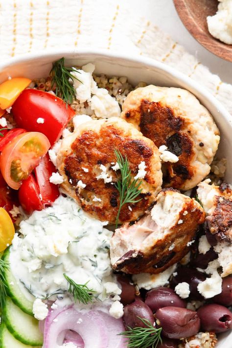 Greek Turkey Burgers - iFoodReal.com Turkey Burger Bowl, Feta Burgers, Burger Bowl, Greek Turkey, Greek Turkey Burgers, Turkey Burger Recipes, Spinach Feta, Turkey Burger, Turkey Burgers