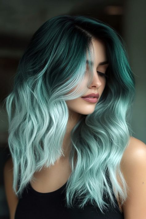 Denim Ombre Hair, Cool Vivid Hair Color, Evergreen Hair Color, White Hair With Colored Tips, Dark Green Ombre Hair, Fun Winter Hair Color Ideas, Ocean Blue Hair Color, Crazy Color Hair Ideas, Hair Dye Ideas For Blondes