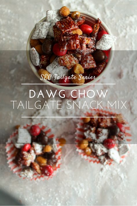 Gameday Dawg Chow Snack Mix - Georgia Tailgate Chocolate, peanut butter, cinnamon and more make this addictive snack mix perfect for game day. #snackmix #tailgate #georgia Georgia Tailgate, Chocolate Snack Mix, Tailgate Snacks, Healthy Superbowl Snacks, Sweet Potato Skins, Butter Cinnamon, Football Snacks, Chex Mix Recipes, Chocolate Snacks