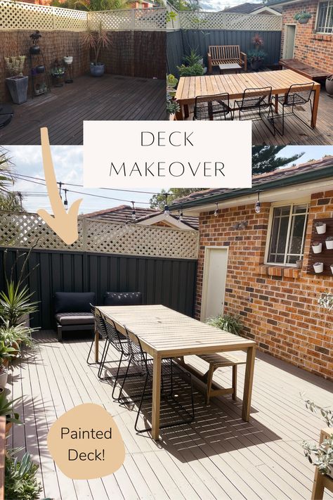 From a dull and dated eyesore to an inviting outdoor entertainment space, see how the power of paint can transform your deck! Painted Composite Decking, Painted Decking Ideas Colour, Painted Decking, Beige Deck Paint, Brown Deck Paint, Deck Painting Ideas, Painted Deck, Decking Colours Ideas, Can You Paint Composite Decking