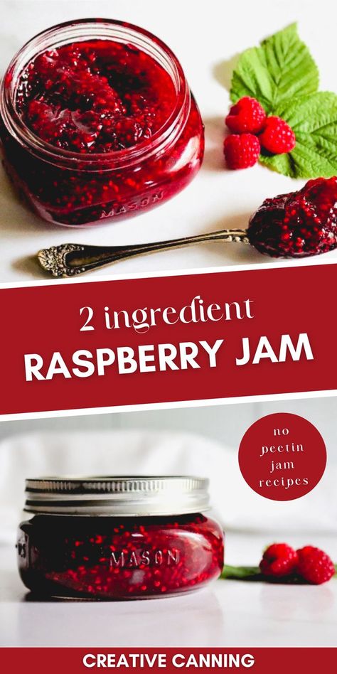 homemade raspberry jam no pectin in a jar ready for canning Grape Jam Recipe No Pectin, Preserve Raspberries, Raspberry Jam No Pectin, Easy Raspberry Jam, Strawberry Jam Recipe Without Pectin, Canning Fruit Recipes, Homemade Grape Jelly, Berry Jam Recipe, Jam Without Pectin