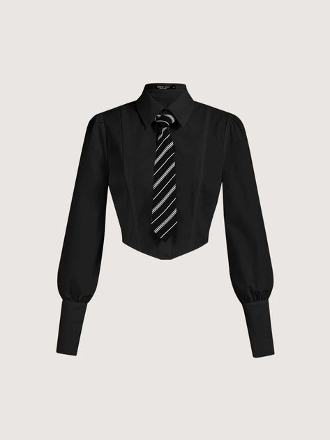 SHEIN MOD Solid Button Through Crop Shirt With Tie | SHEIN Tomboy Stil, Fashion Design Drawings, Fashion Design Sketches, Mode Inspo, Tomboy Fashion, Stage Outfits, Dream Clothes, Crop Shirt, Fashion Sketches