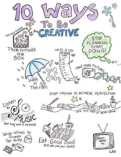 10 Ways to be Creative #Infographic                                                                                                                                                                                 More Ways To Be Creative, Sketch Note, Vie Motivation, Sketch Notes, Self Care Activities, Bullet Journal Ideas Pages, Thinking Skills, Bullet Journal Inspiration, Creative Thinking