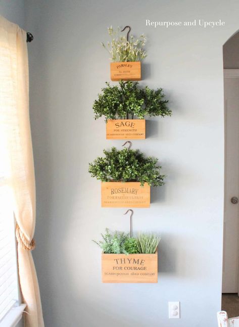 A post about decorating your vintage style nesting herb crates with faux greenery and faux herb plants. Hanging Herb Gardens, Reno Kitchen, Hanging Wall Vase, Dining Room Table Makeover, Crate Decor, Vintage Crates, Fireplace Kitchen, Herb Plants, Wall Vases