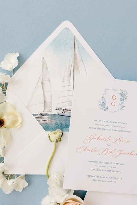 Boat Wedding Dress, Lighthouse Wedding Invitations, Wedding Light Blue, Light Blue Wedding Colors, Coastal Wedding Invitations, Sailboat Wedding, Watercolor Envelope, Lakefront Wedding, French Themed Wedding