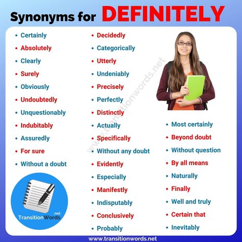 Other Words for Definitely: List of 35+ Synonyms for Definitely with Useful Examples Conclusion Transition Words, Important Synonyms, Synonyms For Awesome, Transition Words, Essay Writing Skills, Rare Words, Words To Use, Names Of God, Unique Words