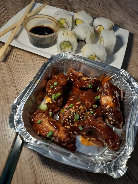 Sticky chicken wings with a side a sushi ( my favs) Sticky Chicken Wings, Sticky Chicken, Side A, Chicken Wings, Chicken, Wallpapers