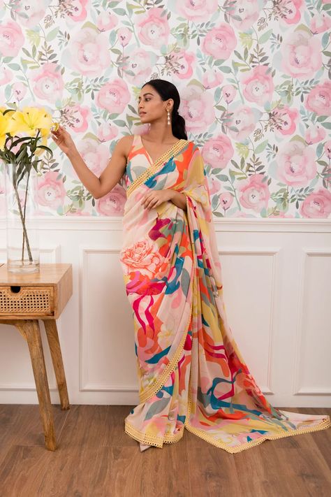 Abstract Saree, Multicolor Saree, Floral Print Saree, Varun Bahl, Digital Dress, India Trip, Saree Georgette, Simple Saree Designs, Desi Outfits