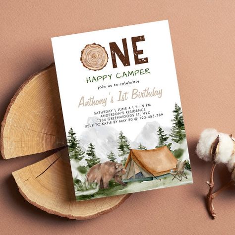 One Happy Camper Mountain Forest Bear 1St Birthday Invitation #zazzle #weddinginvitations #birthdayinvitations #babyshowerinvitations #zazzleinvitations #monogram #businesscards #graduation #homedecor Zazzle Invitations Birthday, Happy Camper 1st Birthday, Birthday Invitations Zazzle, Rustic Camping, Cute Birthday Party, One Happy Camper, Modern Birthday, Woodland Birthday, Bear Mountain