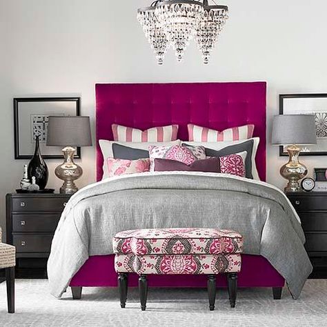 Beds/headboards - A fully upholstered biscuit tufted bed that is available as a in 3 heights: Small, Medium, and Large. Also available as a headboard only. Fuschia Bedroom, Pink Headboard, Pink Bedroom Decor, Bassett Furniture, Trendy Bedroom, Sleep Well, Upholstered Beds, Headboards, Luxurious Bedrooms