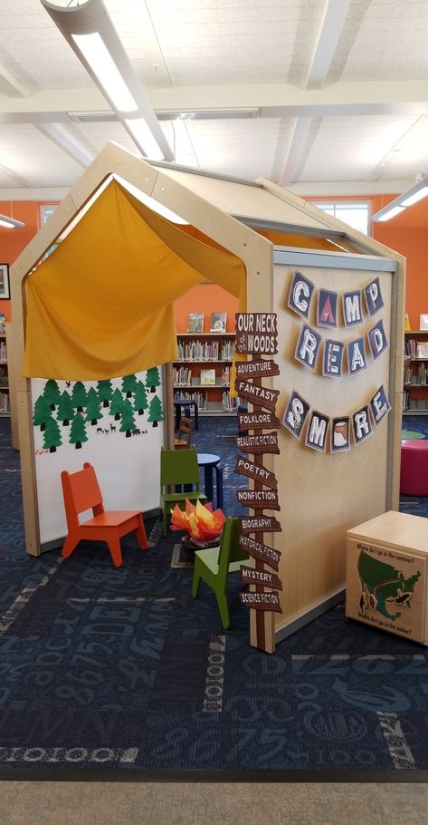 I made this campfire display for dramatic play in the Children's area of the Worcester County Library Berlin Branch. The forest area of the display was made using a Cricut Explore Air 2. The banner and directional genre signs were purchased from Teachers Pay Teachers. The tent was put up using fishing wire. The fire was made with tissue paper. - Sarah #mdstatelibraries #berlinmdlibrary #campfire #dramaticplay Camping Display Ideas, Camping Library Theme, Summer Book Display, Adventure Library Display, Campfire Display, Bothy House, Book Fair Ideas Display, Camping Dramatic Play, Camping Week