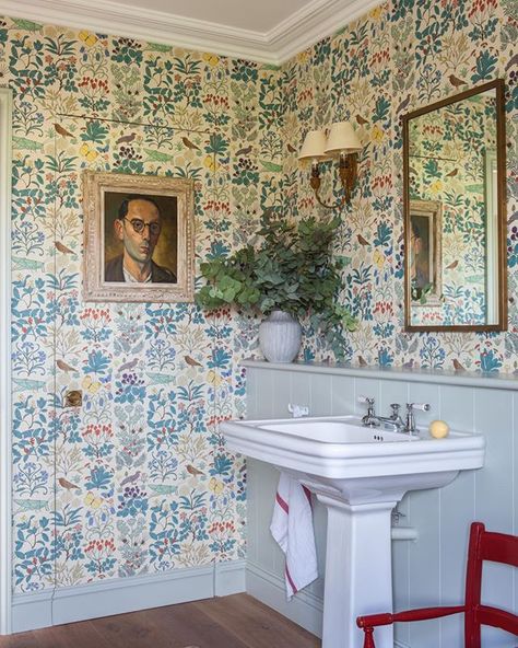 Amy Carlisle Design on Instagram: “A great day spent with @torymcternanphotography here’s our downstairs loo! #voyseywallpaper portrait from @puckhaberdecor…” English Toilet, Girls Bathroom Design, Oliver James, Colorful Room, Toilet Room Decor, English Country Cottage, Pretty Bathrooms, Downstairs Loo, Yellow Bathrooms