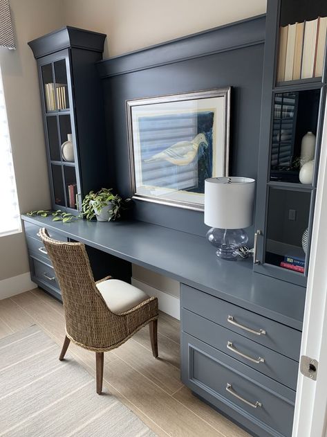 Cabinet Built Ins Office, Built In Desk Between Windows, Grandmillennial Home Office, Built In Desk Wall Unit, Snug Office Room Ideas, Small Recording Room, Home Office Wall Desk, Office Wall Units Built Ins Desk Areas, Built In Study Cabinets