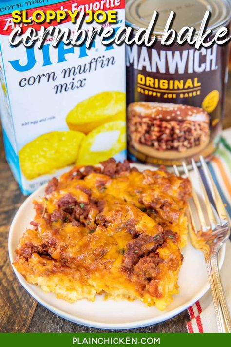 Sloppy Joe Cornbread Bake - comfort food at its best! Sweet cornbread crust topped with sloppy joe meat, and cheese. A weeknight favorite. Everyone always cleans their plate! Jiffy mix, creamed corn, eggs, milk, cheese, ground beef, and Manwich sloppy joe sauce. Super easy to make and tastes great! Finger Foods Appetizer Recipes Easy, Frugal Ground Beef Recipes, Cowboy Casserole With Cornbread, Ground Beef Family Dinner Recipes, Sloppy Ottos, Ground Beef Comfort Food Recipes, Ground Beef Recipes For Dinner Easy Fast, Polish Hamburgers, Best Sweet Cornbread