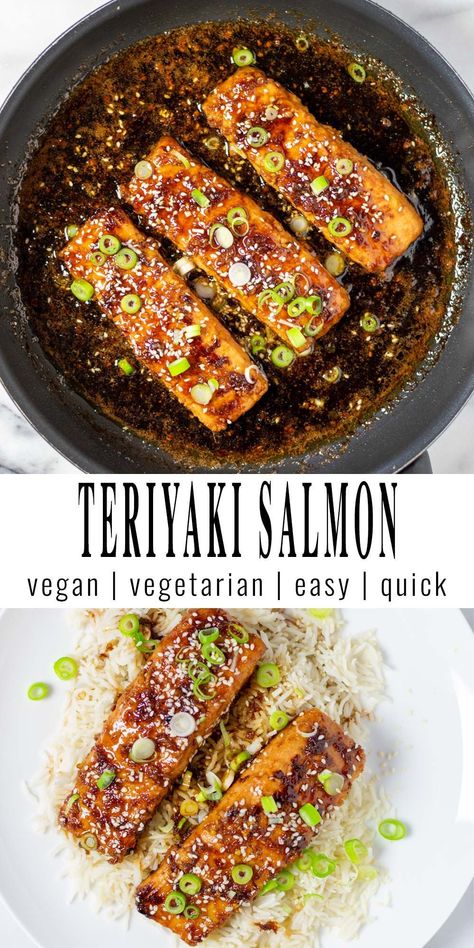 Teriyaki Salmon is made with vegan salmon, covered and marinated in a homemade teriyaki sauce. Seriously so delicious that everyone will love it. Flavor in each and every bite and the perfect combination that always is a winner. Serve this Teriyaki Salmon recipe plain or with rice for an unforgettable dinner in no time. #vegan #dairyfree #vegetarian #dinner #lunch #contentednesscooking #teriyakisalmon Easy Teriyaki Salmon, Vegan Salmon, Easy Mediterranean Recipes, Salmon Teriyaki Recipe, Clean Eating Vegan, Recipe For Dinner, Teriyaki Salmon, Vegan Pasta Recipes, Homemade Teriyaki Sauce