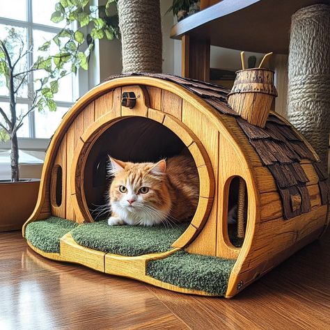 The Hobbit Home Cat Bed is a cozy, hobbit-inspired retreat for your feline friend. With its rounded design, faux grass roof, and a circular entrance, it mimics a charming hobbit house. The plush interior provides comfort, making it the perfect hideaway for your cat to curl up and relax. Circular Entrance, Live Edge Walnut Dining Table, Modern Pet Furniture, Woodworking Projects Gifts, Hobbit Home, Grass Roof, Outdoor Cat House, Faux Grass, Cat Playground