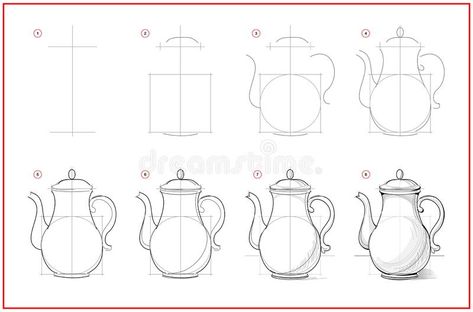 Page shows how to learn to draw sketch of coffee pot. Creation step by step pencil drawing. Educational page for artists. Textbook. For developing artistic vector illustration Basic Sketching, Pencil Drawings For Beginners, Perspective Drawing Lessons, Drawing Tutorials For Beginners, Object Drawing, Perspective Art, Basic Drawing, Sketches Tutorial, Draw Sketch