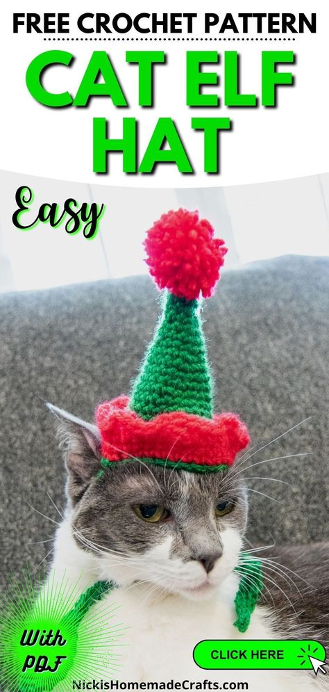 Cute Kitty Elf Hat. This free crochet pattern is for a fun crochet Cat Elf Hat for the Christmas and Holiday Season. Make this fun Cat Hat for the Gift Giving Season for the Holidays. Crochet Cat Hat Pattern Free, Cat Hat Pattern, Cat Santa Hat, Elf Cat, Santa Hat Pattern, Crochet Hat Patterns, Crochet Cat Hat, Christmas Tree Hat, Crochet Animal Amigurumi