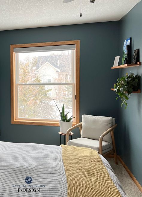 The 12 Best Paint COLORS to Update or Accent Oak or Wood (PART 5)! - Kylie M Interiors Medium Blue Paint Colors, Green Bedroom Paint, Stained Wood Trim, Woodlawn Blue, Navy Blue Paint Colors, Kylie M Interiors, Best Bedroom Paint Colors, Best Neutral Paint Colors, Blue Green Paints