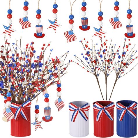 PRICES MAY VARY. Decoration for 4th of July Independence Day: you will get 9 bundles patriotic berry stems in white red and blue flower colors, 3 galvanized flower vases tie with beautiful bows in 3 colors, 9 pcs independence day wood hangdings in 3 style; These patriotic set can provide sufficient ornaments to build Independence Day or any other celebration with an Americana theme atmosphere Eye Catching Glitter Star and Stem Berry Design: these artificial berry stem picks set that incorporates Red White And Blue Tablescapes, Branches Decoration, American Themed Party, Patriotic Tablescapes, Homecoming 2024, Hoco 2024, American Party, American Theme, Flower Colors