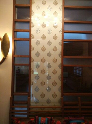 Embroidered fabric between glass on both the sides is a classy idea for partition Sandwich Glass Partition, Fabric Glass Partition, Acrylic Partition, Fabric Partition, Hidden Doors In Walls, Hidden Doors, Fabric Glass, Glass Partition, Hidden Door