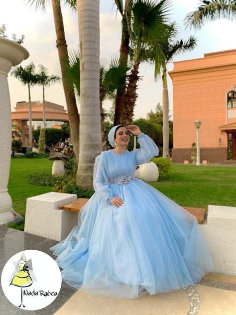 Nada rabea fashion designer Dress Baby blue Baby Blue Dress Hijab, Blue Dress Cinderella, Gaun Dress, Engagement Dress For Bride, Fashion Designer Dress, Dress Baby Blue, Baby Blue Dress, Baby Blue Dresses, Soiree Dress