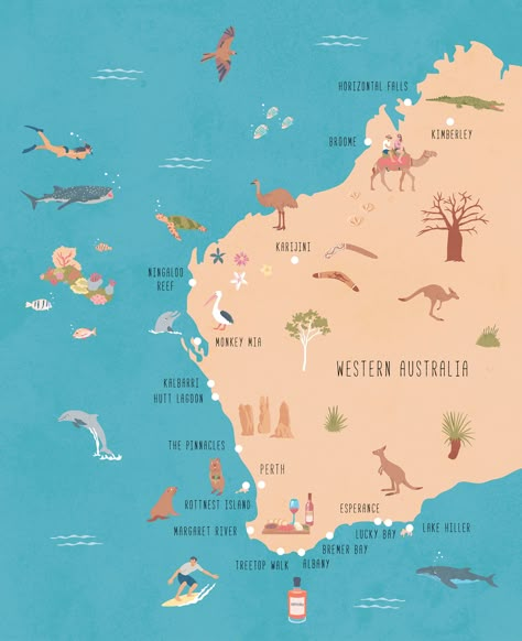 Illustrated map of Western Australia. Western Australia Map, Perth Travel, Australia Trip, Road Trip Map, Map Illustration, Australian Travel, Australia Map, Perth Western Australia, Illustrated Map