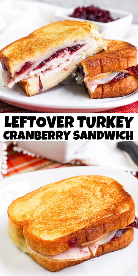 Photo of leftover turkey cranberry sandwich cut in half and a whole one on the bottom. Hot Turkey Sliders, Turkey Sandwich With Cranberry Sauce, Thanksgiving Leftover Sandwich, Turkey Sandwich Ideas, Grilled Turkey Sandwich, Open Faced Turkey Sandwich, Cranberry Sauce Sandwich, Leftover Turkey Sandwich Recipes, Turkey Cranberry Sandwich