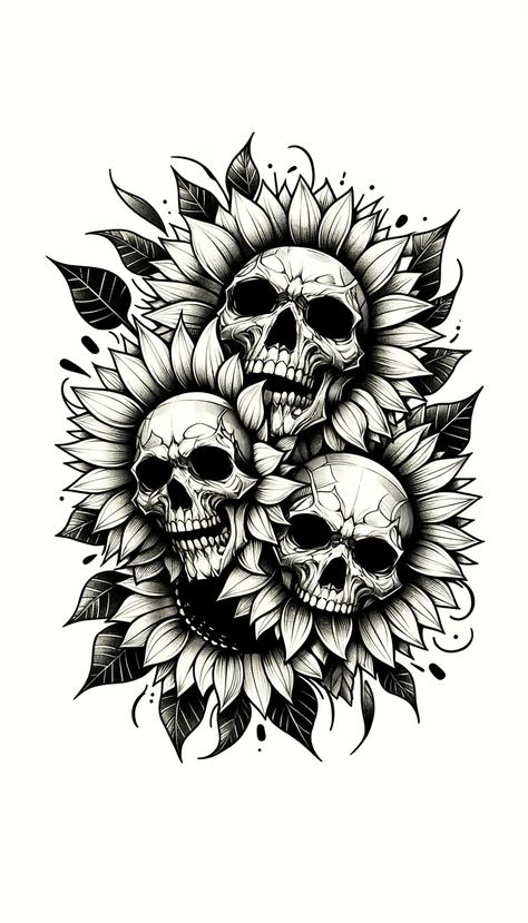 Womens Skull Tattoo Sleeve, Tattoos To Cover Names, Sunflower Skeleton Tattoo, Tattoo Cover Up Ideas For Women Collar Bone, Sunflowers And Skulls Tattoos, Black And White Pinup Tattoo, Half Sleeve Tattoos For Women Upper Arm Skull, Halloween Mandala Tattoo, Skull With Plants Growing Out Of It