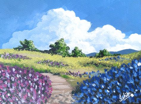 acrylic painting of green field Acyrlic Painting, Small Diy Gifts, Grass Painting, Business Art, Painting References, Wildflower Meadow, Green Field, Swag Art, Cloud Drawing