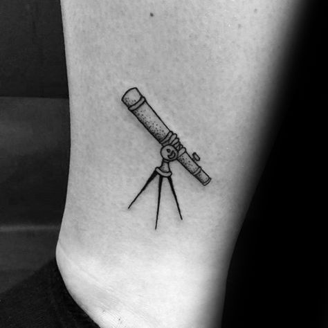 Gentleman With Small Telescope Tattoo On Lower Leg Telescope Tattoo, Hellboy Tattoo, Astronomy Tattoo, Stylish Tattoo, Inspired Tattoos, Space Tattoo, Cool Small Tattoos, Full Sleeve Tattoo, Tattoos Gallery