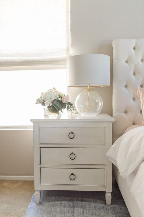 I am so passionate about home decor and I am finally revealing our bedroom decor! I hope you like our neutral and pastel bedroom as much as I do! Bedside Table Decor, White Bedside Table, Bed Side Table, Side Tables Bedroom, Bedroom Lamp, Small Room Bedroom, Bedroom Interior Design, New Bedroom, Bedside Tables