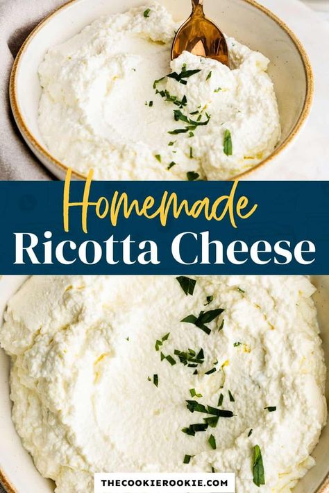 Make a batch of your own homemade ricotta cheese with this simple recipe. Easy to make and super quick too, it's perfect to use in so many recipes. Ricotta Homemade, The Cookie Rookie Recipes, Cookie Rookie Recipes, Homemade Ricotta Cheese, Cheese Recipes Homemade, Ricotta Recipe, Homemade Mozzarella, Cookies Frosting, Ricotta Cheese Recipes