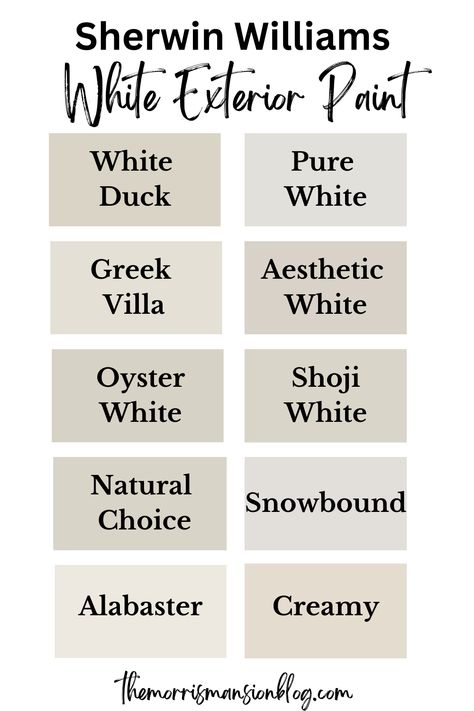 Here are some of the best white exterior colors from sherwin williams: white duck, pure white, greek villa, aesthetic white, oyster white, shoji white, natural choice, snowbound, alabaster, and creamy Exterior Off White Paint Colors For House, Best Off White Paint Color For Walls Sherwin Williams, Off White House Black Trim, Creamy White Farmhouse Exterior, Exterior Paint And Trim Combinations, Creamy White Exterior Paint Colors Sherwin Williams, Exterior White Paint Colors For House Sherwin Williams, Original White Sherwin Williams Exterior, Sherwin Williams Exterior White Colors