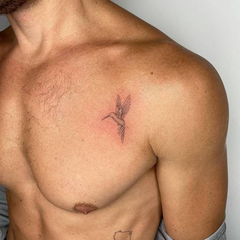 Hummingbird Tattoo On Chest, Cardinal Back Tattoo, Single Needle Tattoo Men, Mens Hummingbird Tattoo, Hummingbird Tattoo For Men Guys, Side Chest Tattoo Men, Mockingbird Tattoo Men, Men Hummingbird Tattoo, Hummingbird Men Tattoo