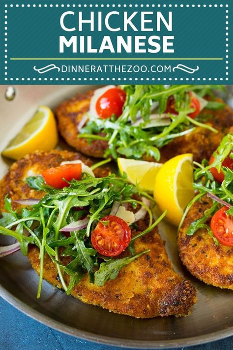 Chicken Milanese is crispy chicken cutlets topped with a fresh arugula and tomato salad, an easy yet elegant dinner! #chicken #dinner #dinneratthezoo Cutlet Recipes, Milanese Recipe, Chicken Cutlet Recipes, Chicken Milanese, Easy Dinner Options, Chicken Cutlet, Cutlets Recipes, Dinner Options, Chicken Cutlets