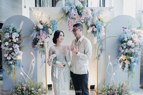 Pastel Backdrop Wedding, Backdrop Decorations Engagement, Dekor Engagement Simple, Engagement Decorations Backdrop, Decor Tunangan, Decorasi Wedding, Dekor Engagement, Blue Wedding Backdrop, Decor Lamaran