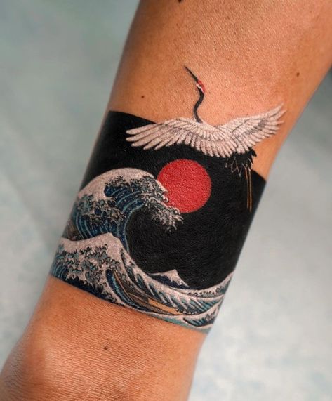 Japanese Wave Band Tattoo, Maori Wrist Tattoo, Japanese Wave Arm Band Tattoo, Arm Band Tattoo Waves, Tiger Band Tattoo, Traditional Japanese Wave Tattoo, Japanese Style Waves Tattoo, The Wave Tattoo Japanese Art, Rising Sun Tattoos